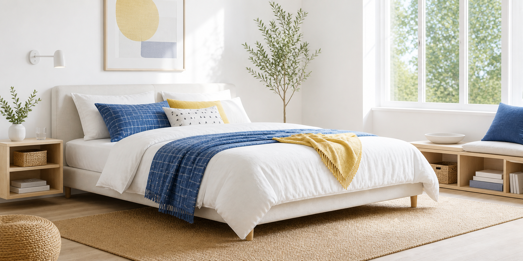 A bright Scandinavian bedroom with blue and yellow layered bedding